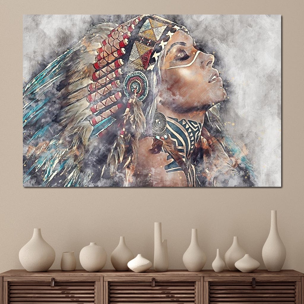 Tablou Canvas Premium LuxCanva® G1006, Suflet de Razboinica , Forta, Curaj, Tribal, Misticism, Pene, Salbatica, Femeie, Living, Dormitor, Culori vibrante