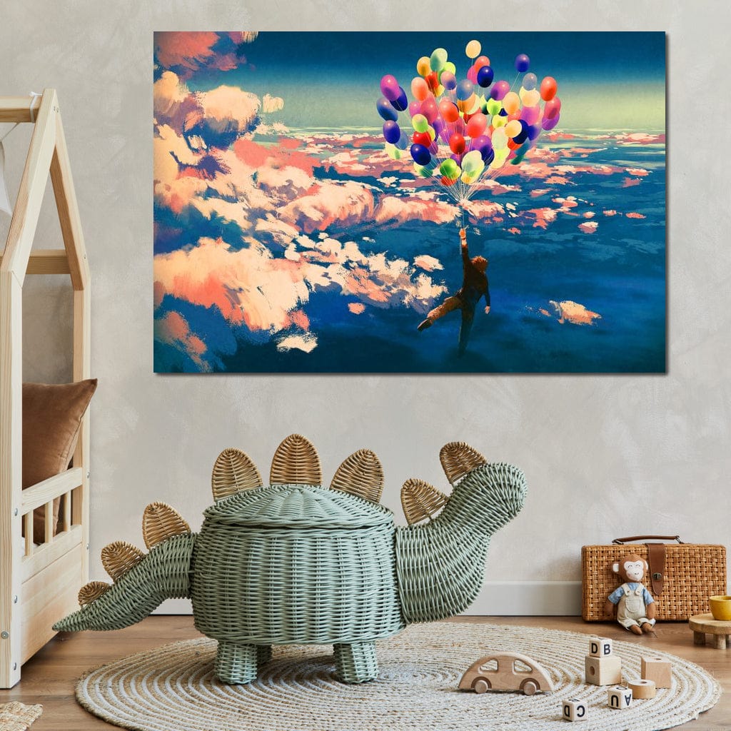 Tablou Canvas Premium, LuxCanva® K1021, Purtat de Curcubeu, Zbor, Nori, Inaltare, Culori, Baloane, Zburatoare, Magic, Fericire, Curaj, Aventura, Dorinte, Armonie, Fericire, Camera Copii