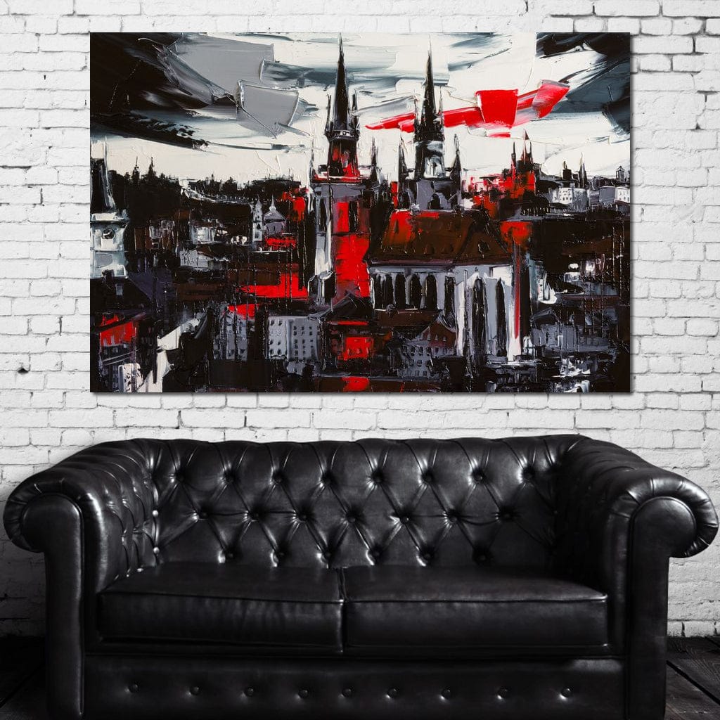 Tablou Canvas Premium, LuxCanva® O1013, Orasul Gotic, Medieval, Flacari, Negru, Rosu, Gri, Turle, Urban, Ziduri, Vechi, Umbre, Catedrala, Piatra, Contrast, Dramatic, Atmosfera, Birou, Living, Dormitor