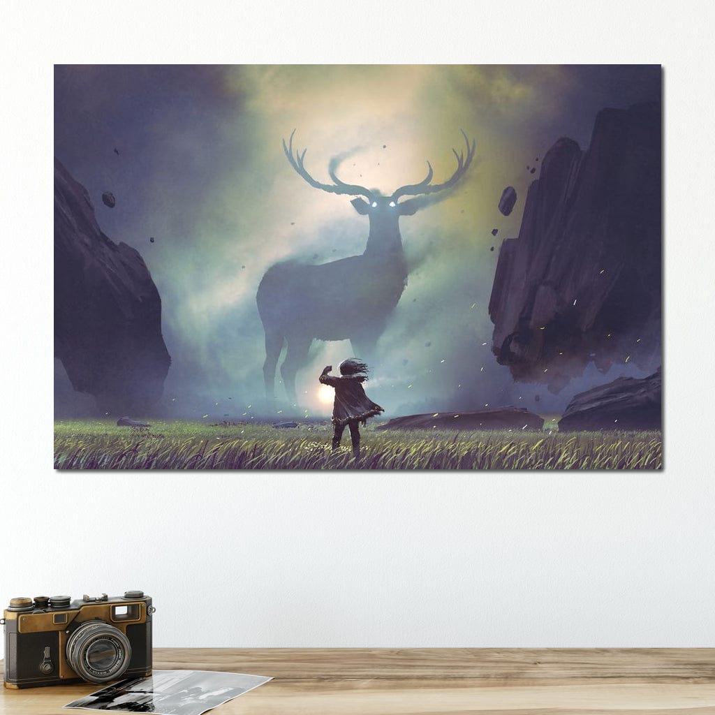 tablou canvas cu o silueta de copil in fata unui cerb urias, intr-un peisaj mistic cu stanci plutitoare