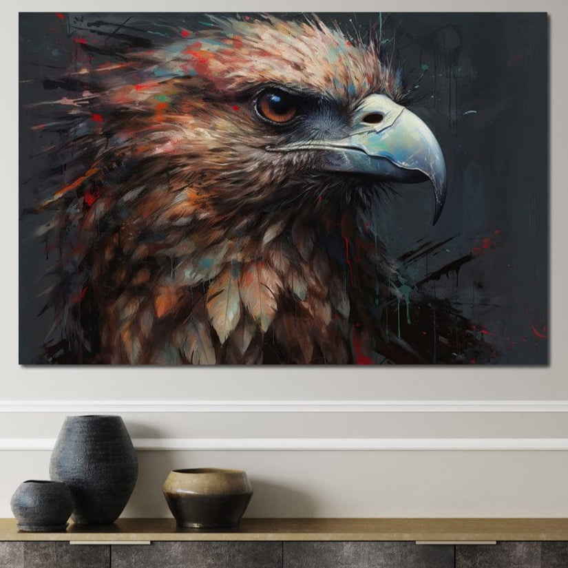tablou canvas cu un vultur impunator pe fundal negru in stil artistic modern 
