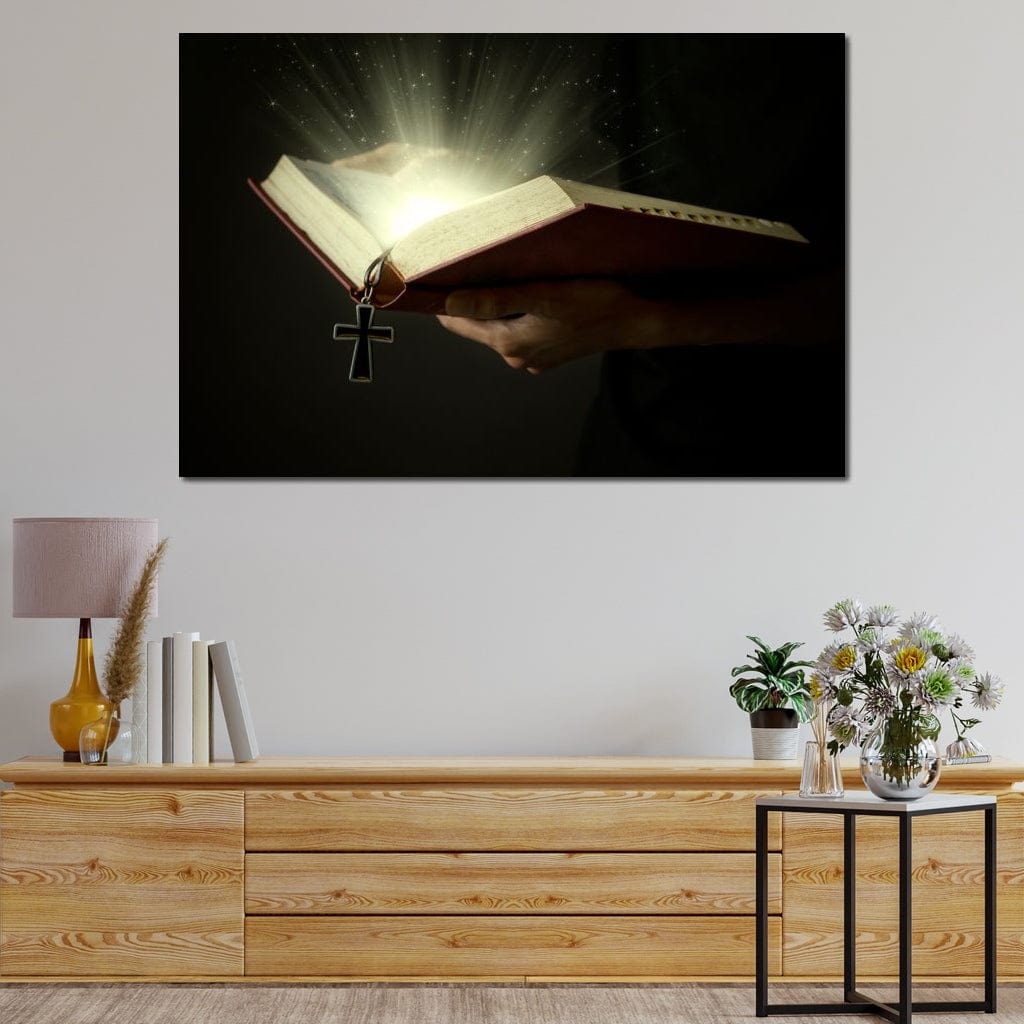 Tablou Canvas Premium LuxCanva® H1009, Biblia si Lumina Sfanta , Biblie, Lumina, Cruce, Adevar, Sacru, Salvare, Suflet, Divin, Living, Dormitor