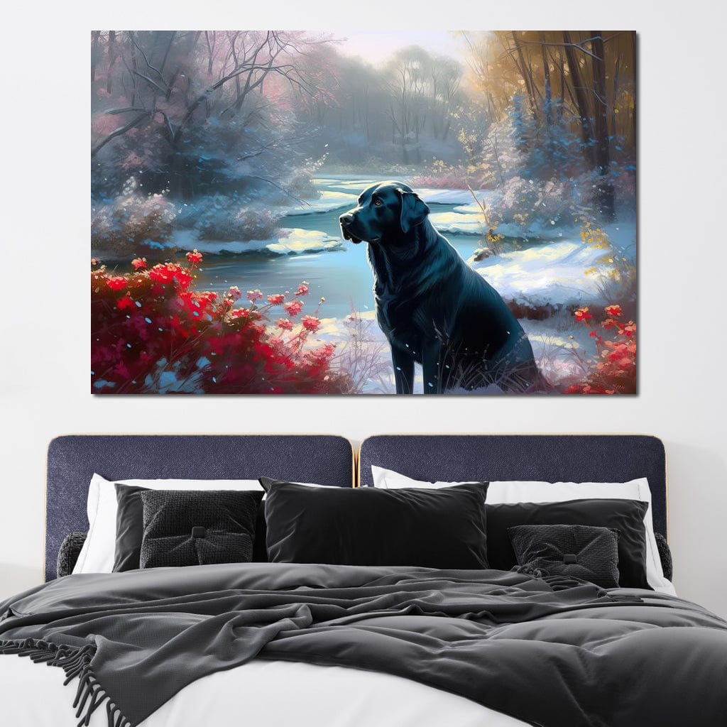tablou canvas cu un labrador negru intr-un peisaj de iarna feeric si luminat, cu accente florale rosii langa un lac inghetat