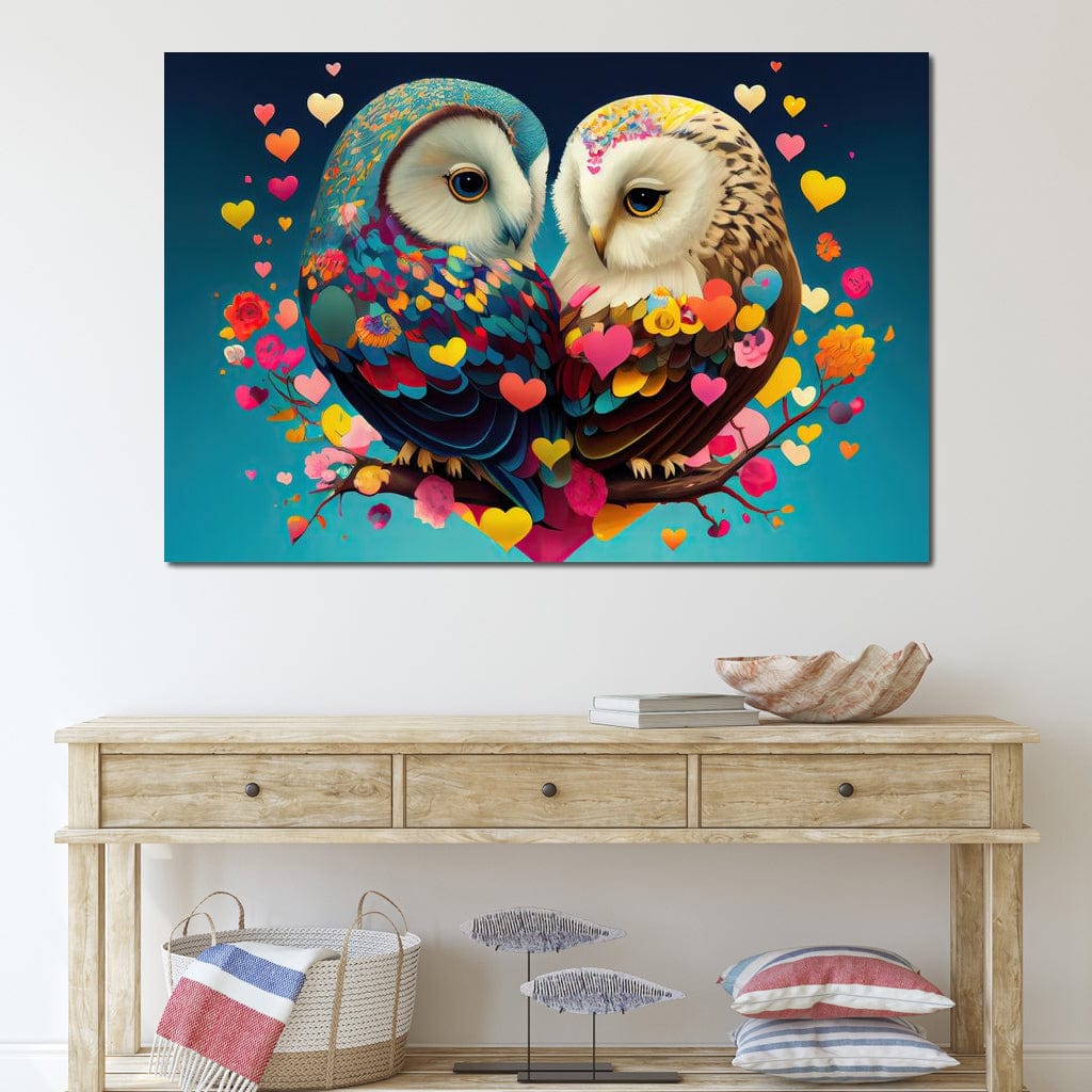 Tablou Canvas Premium LuxCanva® E1022, Bufnitele Iubirii, Bufnite, Conexiune, Iubire, Armonie, Inimi, Living Room, Culori vibrante