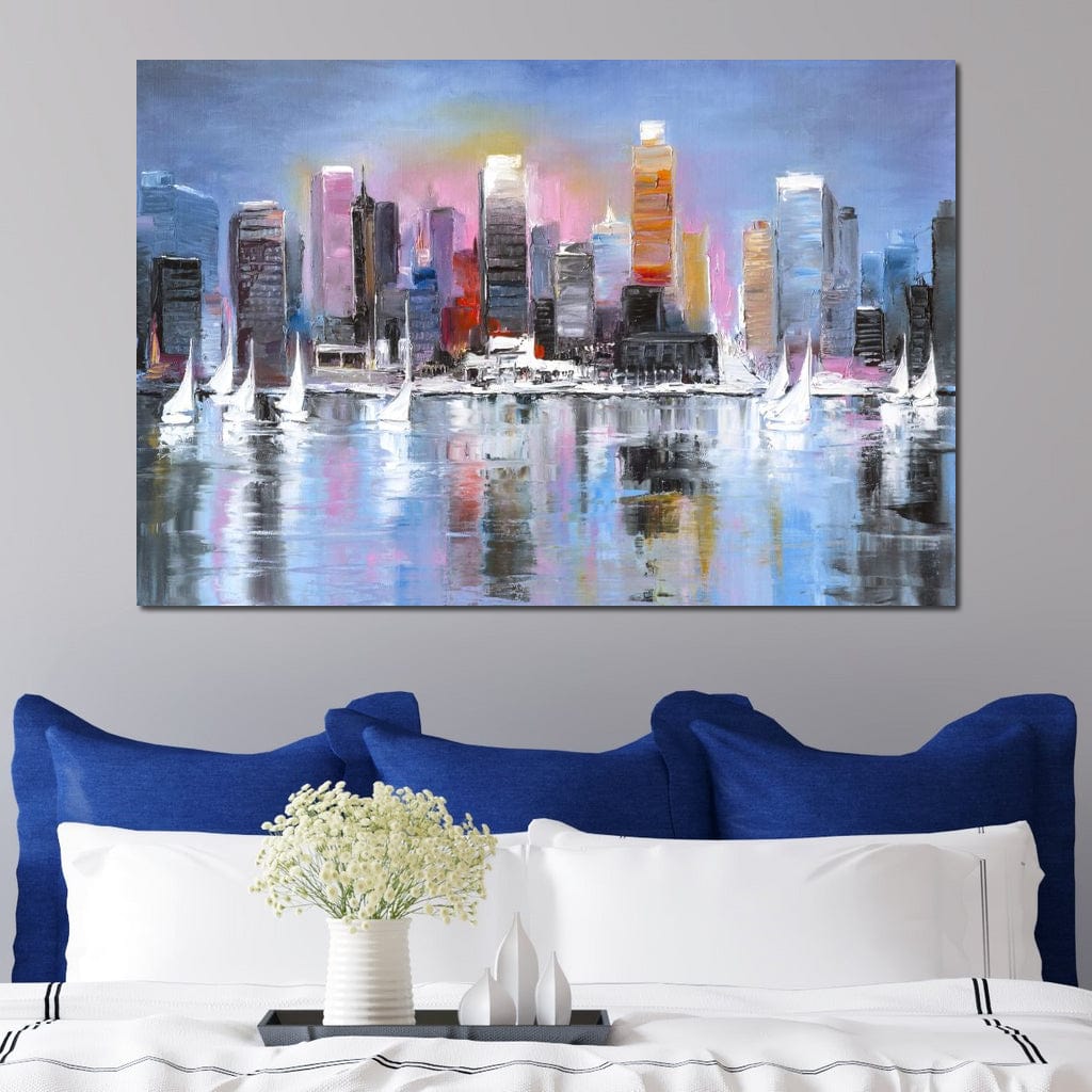 Tablou Canvas Premium, LuxCanva® O1024, Zborul Corabiilor, Pastelat, Senin, Liric, Fluid, Apus, Apa, Vele, Albastru, Roz, Inflacarat, Oglindire, Pictura, Tacere, Urban, Sticlos, Birou, Living, Dormitor