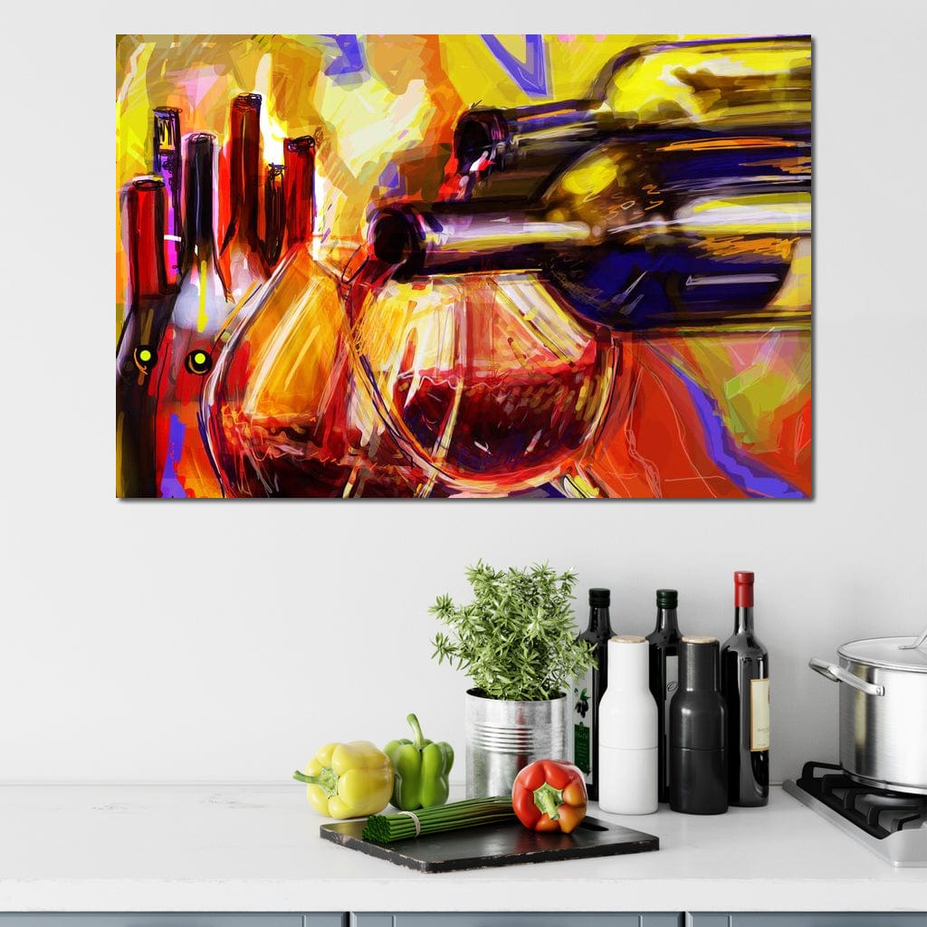 tablou canvas cu sticle de vin si pahare cu vin rosu, pictate multicolor in stil abstract 