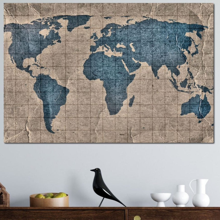 tablou canvas cu harta lumii pe fundal cu aspect de hartie veche si texturata