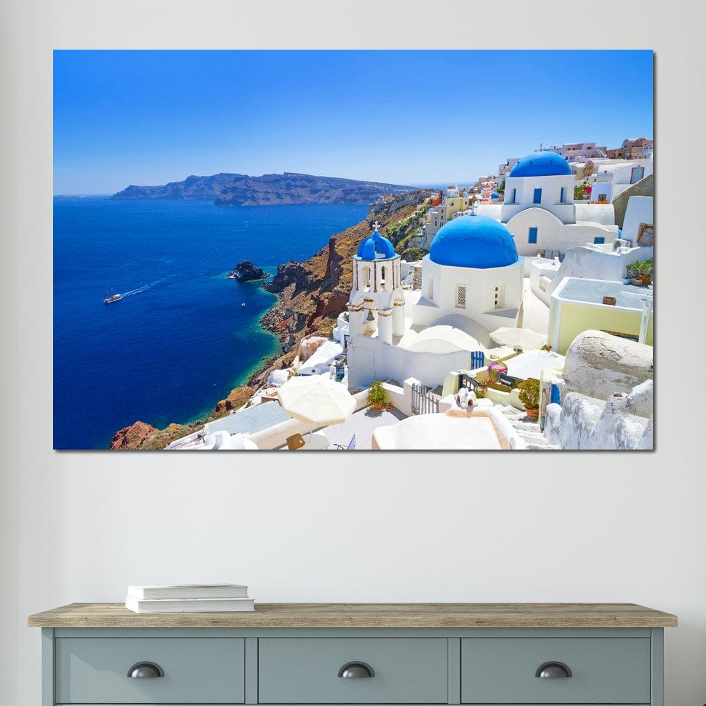 Tablou Canvas Premium, LuxCanva® O1033, Eternul Santorini, Egee, Nesfarsit, Albastru, Insula, Mare, Cer, Valuri, Vacanta, Turist, Relaxare, Dorinta, Familie, Libertate, Serenitate, Birou, Living, Dormitor