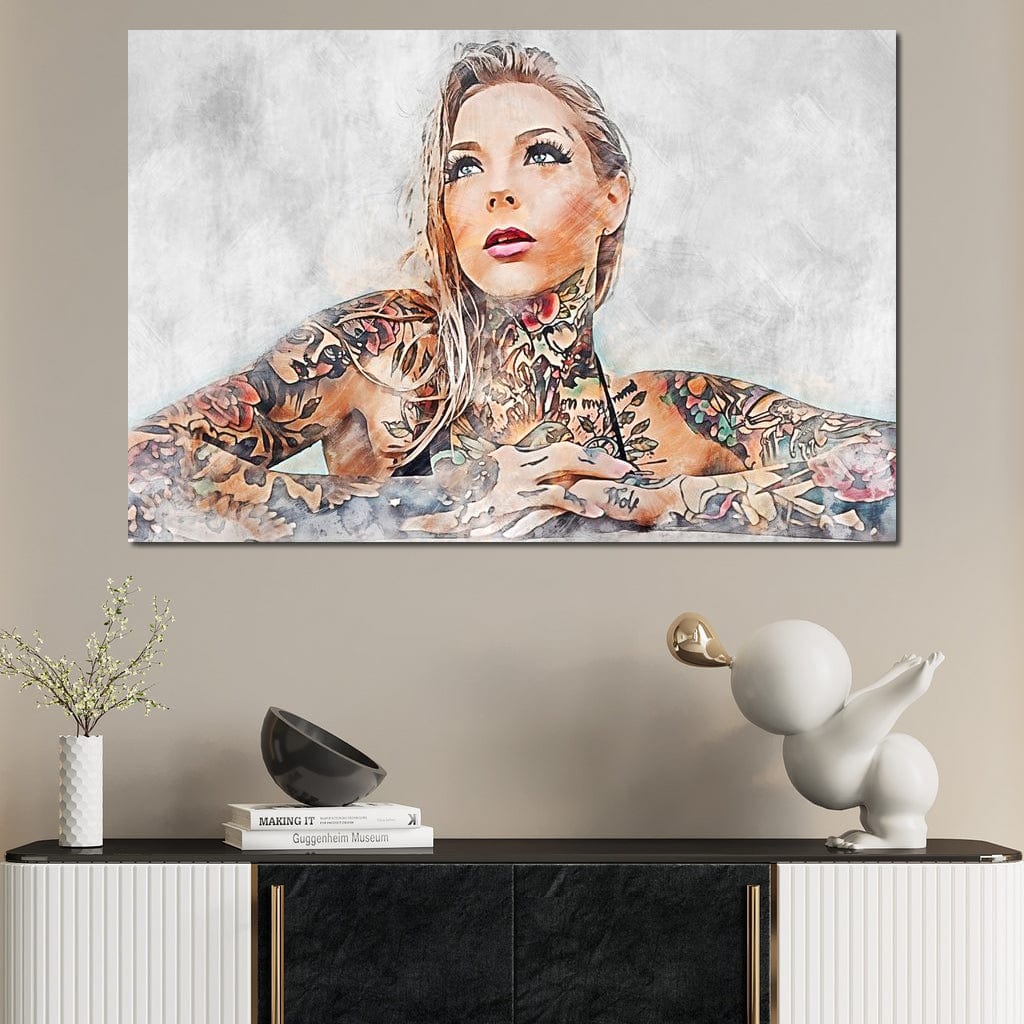 Tablou Canvas Premium, LuxCanva® G1097, Femeia cu Tatuaj, Pictura, Arta, Piele, Rebela, Cerneala, Artist, Interzis, Tatuator, Living, Dormitor