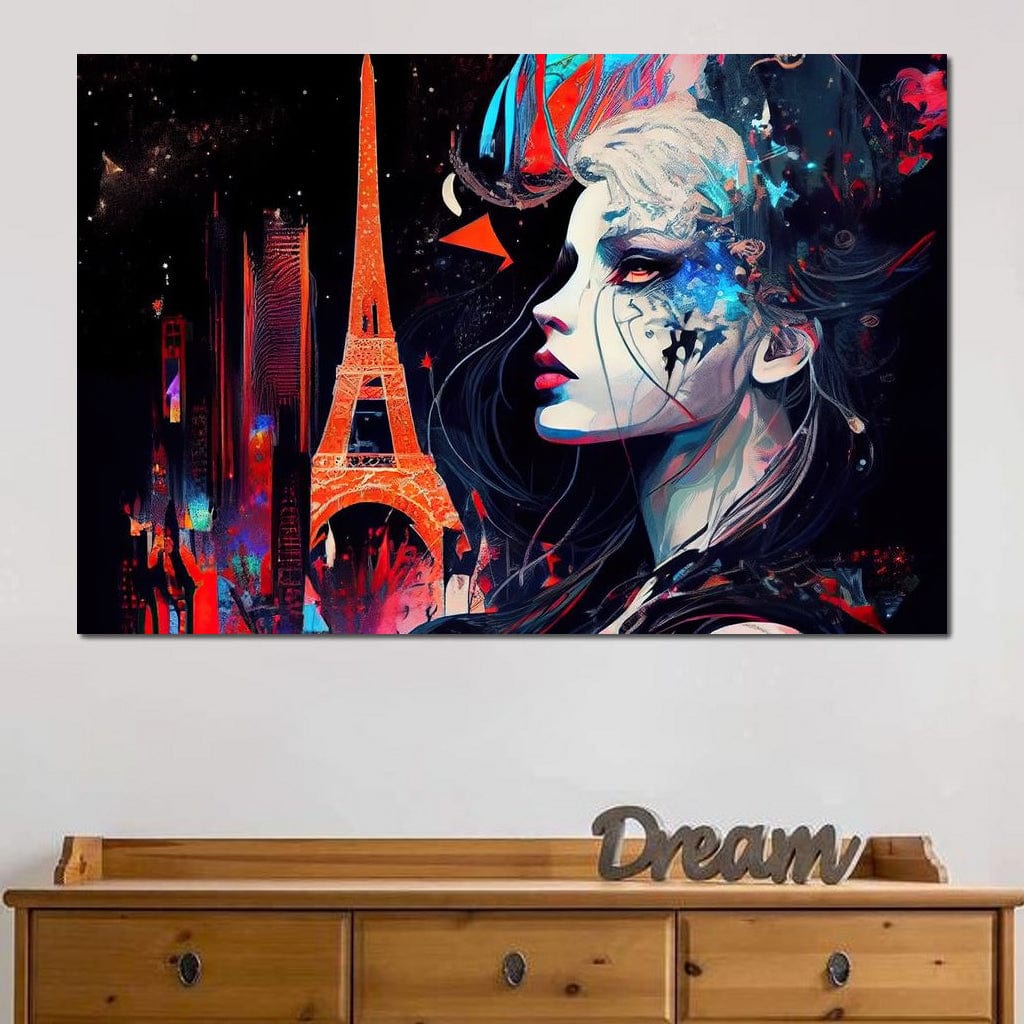 Tablou Canvas Premium, LuxCanva® O1055, Femeia Pariziana, Spirit, Paris, Eiffel, Rouge, Noapte, Femeie, Oras, Lumini, Franta, Arta, Etern, Urban, Romantic, Portret, Francez, Birou, Living, Dormitor