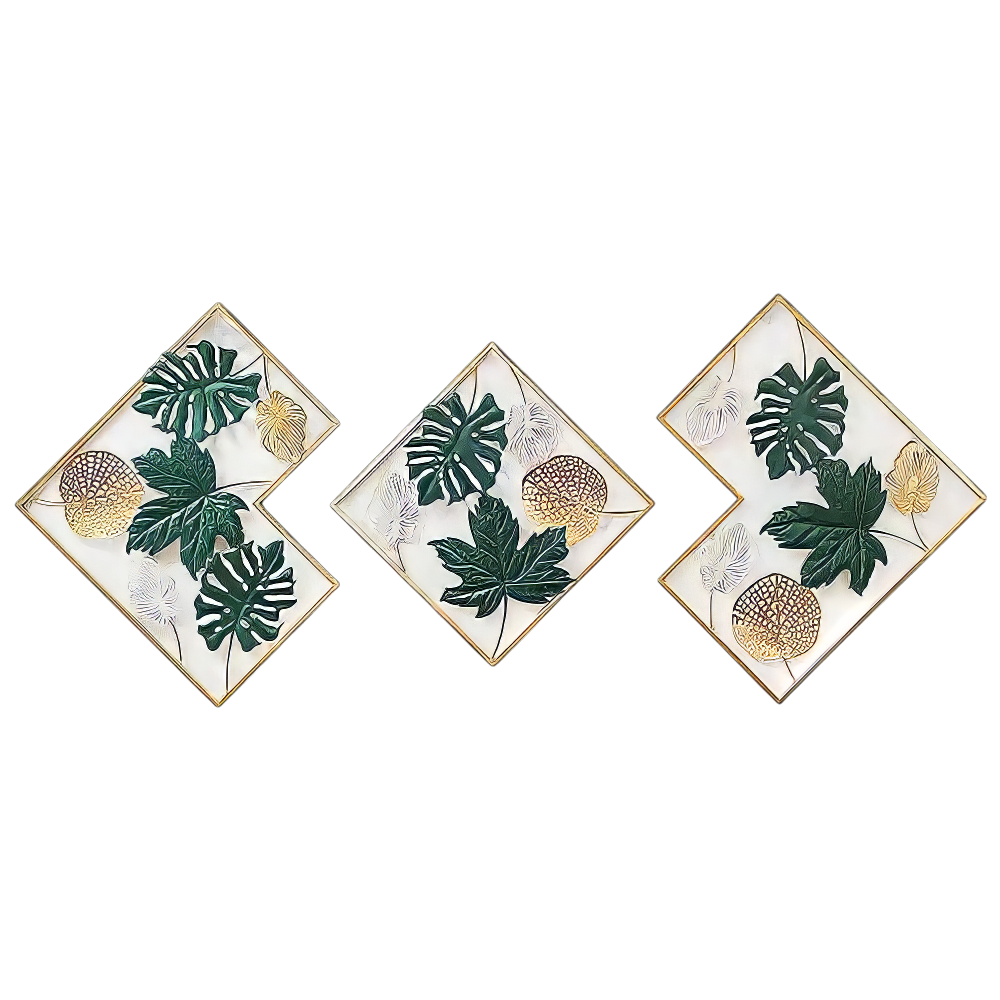 Set 3 Decoratiuni Metalice de Perete LuxCanva® GreenEssence A2307, din Metal, Orizontala, Auriu, Verde, Dimensiune Totala 170 x 71 x 3 cm