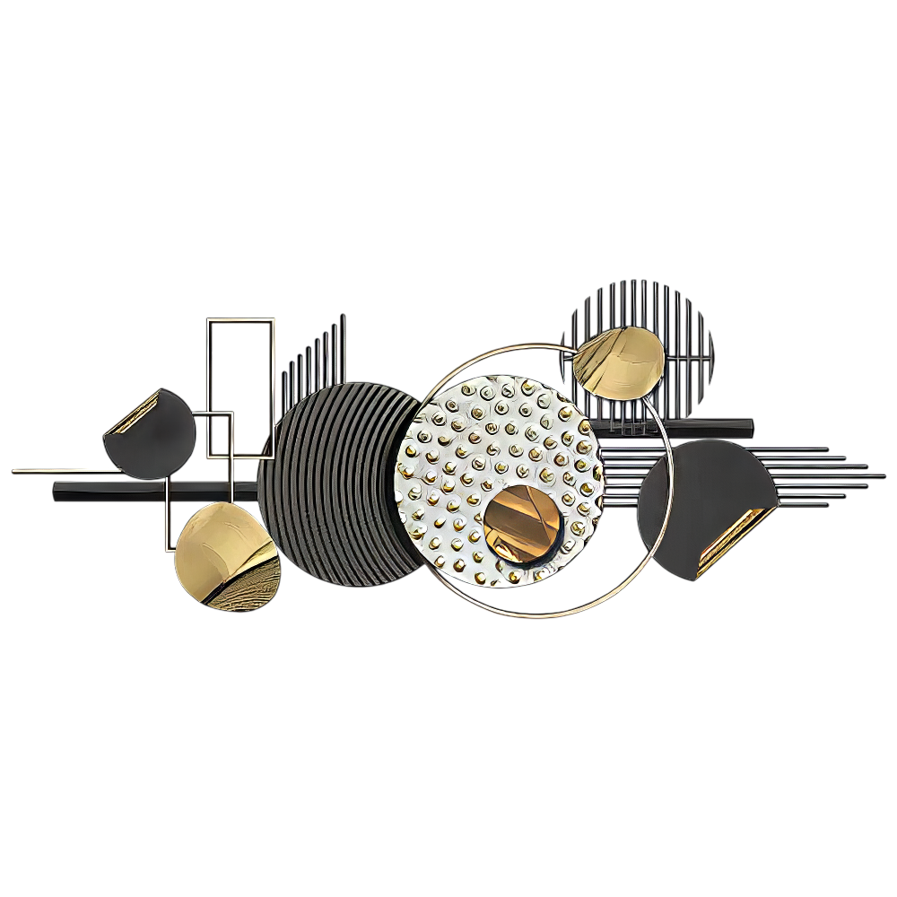 Decoratiune Metalica de Perete LuxCanva® Silent Geometry A2452, din Metal, Negru, Gold, Alb, Gri, Auriu, Dimensiune Mare 150 x 60 cm