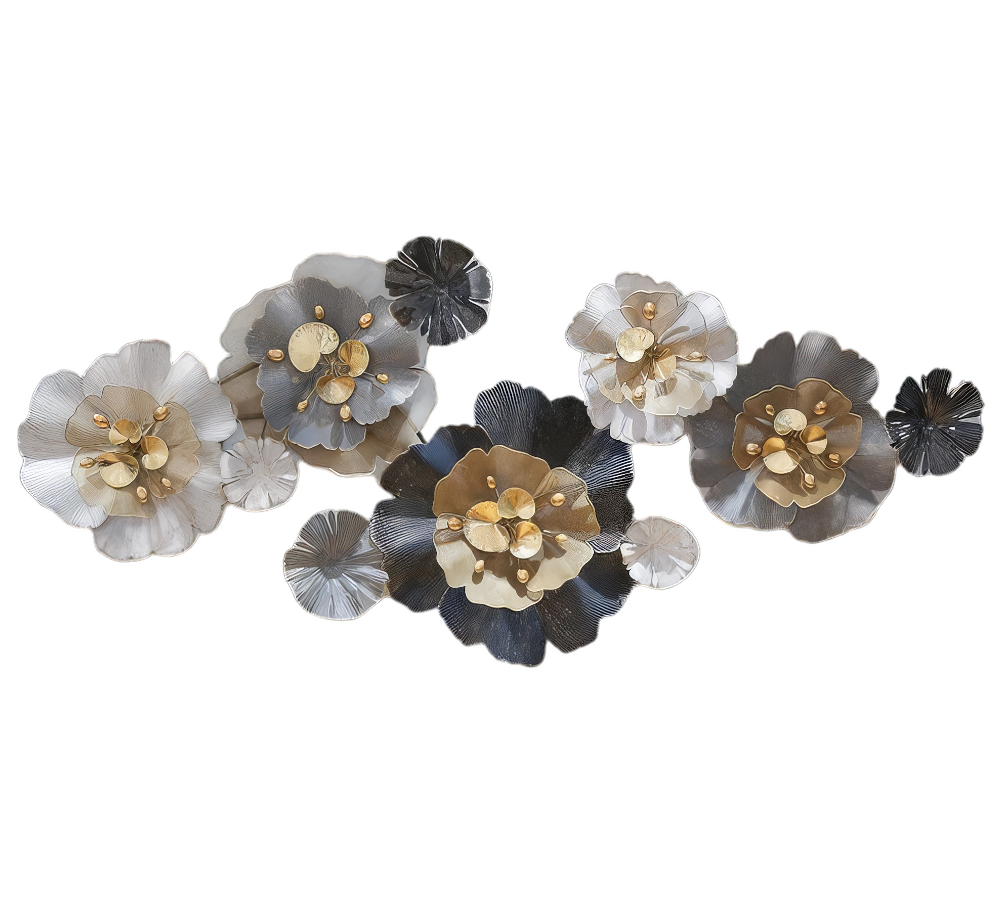 Decoratiune Metalica de Perete LuxCanva® CrystalBloom A2025M Negru, din Metal, Orizontala, Auriu, Alb, Gri, Negru, Dimensiune Mare 160 x 64 cm