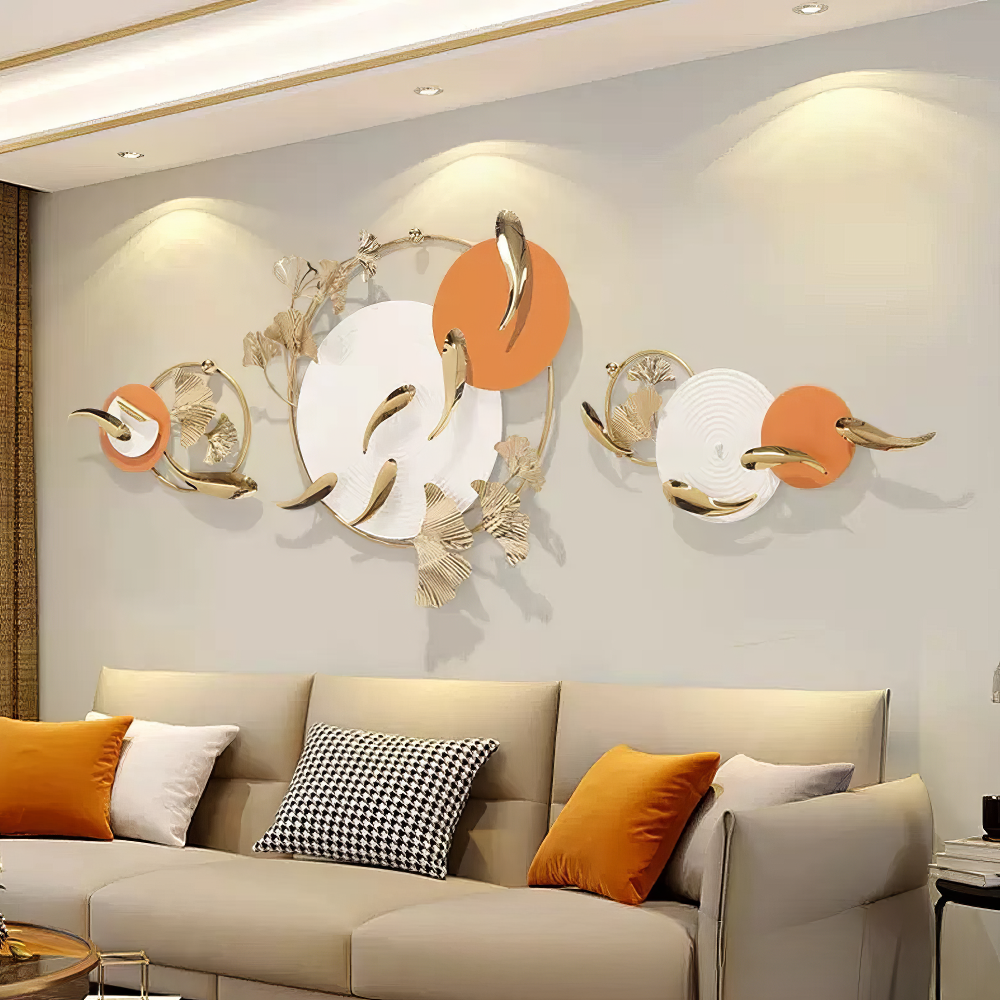 Decoratiune Metalica de Perete LuxCanva® Sun Aura A2556, din Metal, Orizontala, Alb, Auriu si Portocaliu, Dimensiune Mare 200 x 65 cm