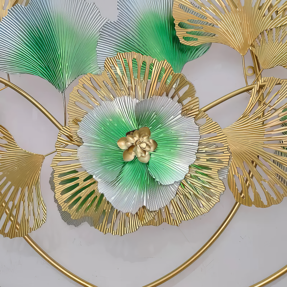 Decoratiune Metalica de Perete LuxCanva® Golden Bloom A0821, din Metal, Orizontala, Auriu, Verde, Gri, Dimensiune Mare 120 x 75 cm
