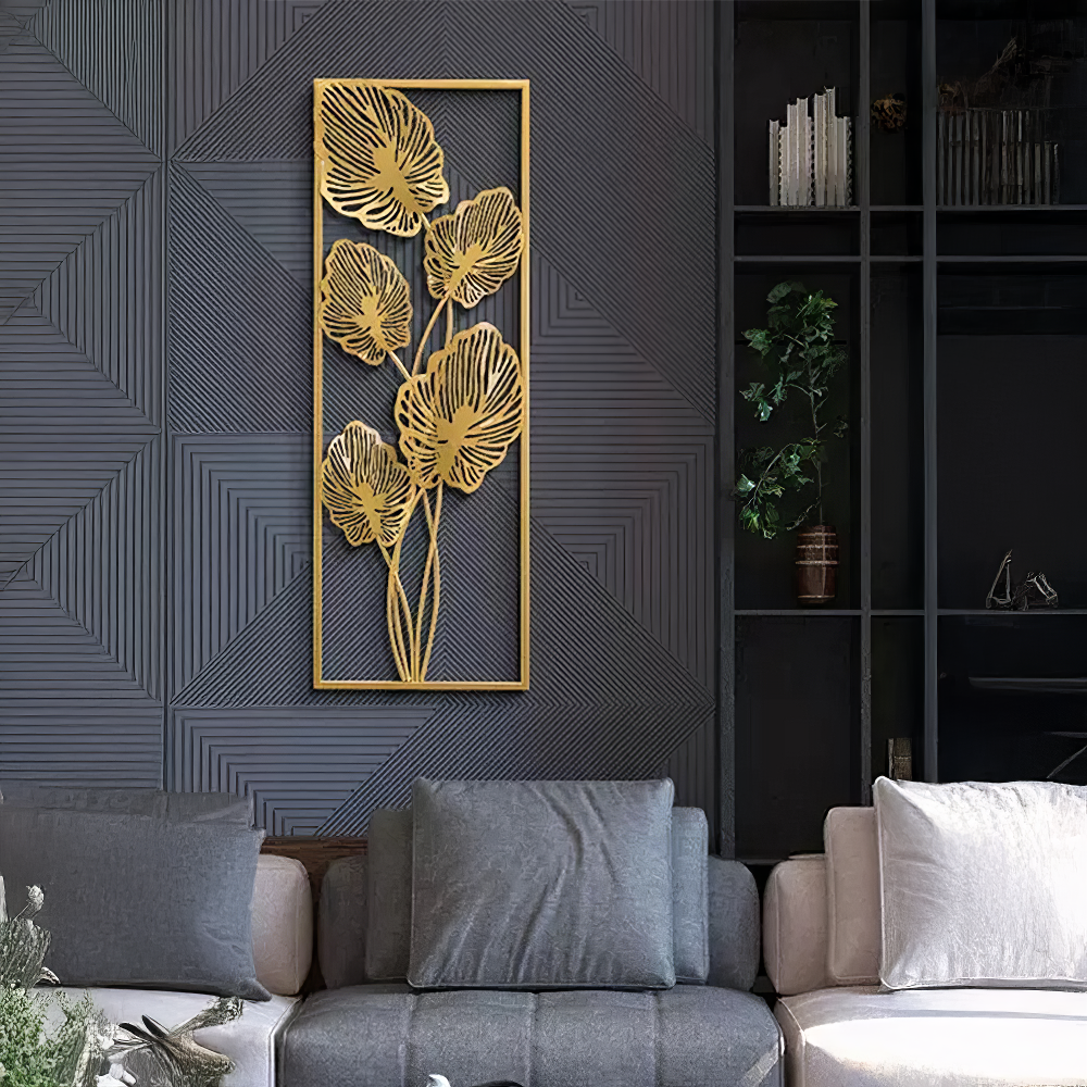 Decoratiune Metalica de Perete LuxCanva® Golden Leafs Contour A2923L, din Metal, Verticala, Auriu, Dimensiune Mare 30 × 85 × 3.5 cm