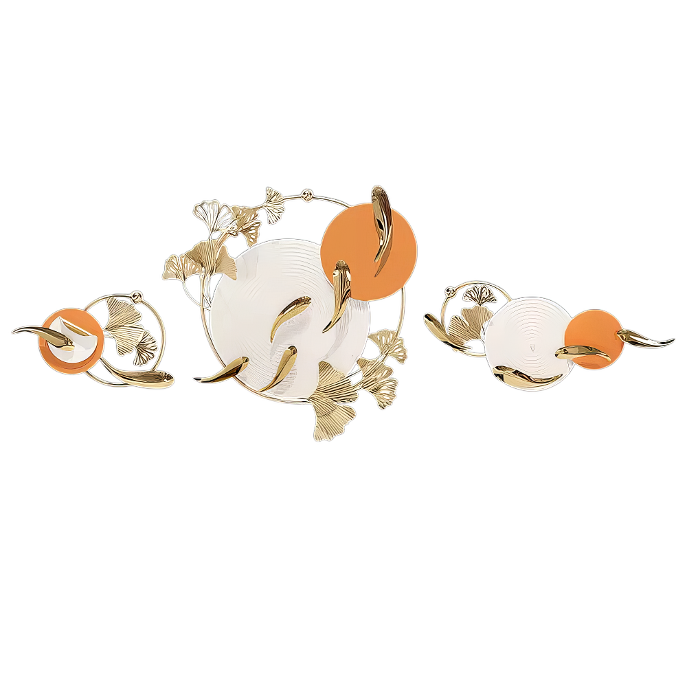 Decoratiune Metalica de Perete LuxCanva® Sun Aura A2556, din Metal, Orizontala, Alb, Auriu si Portocaliu, Dimensiune Mare 200 x 65 cm