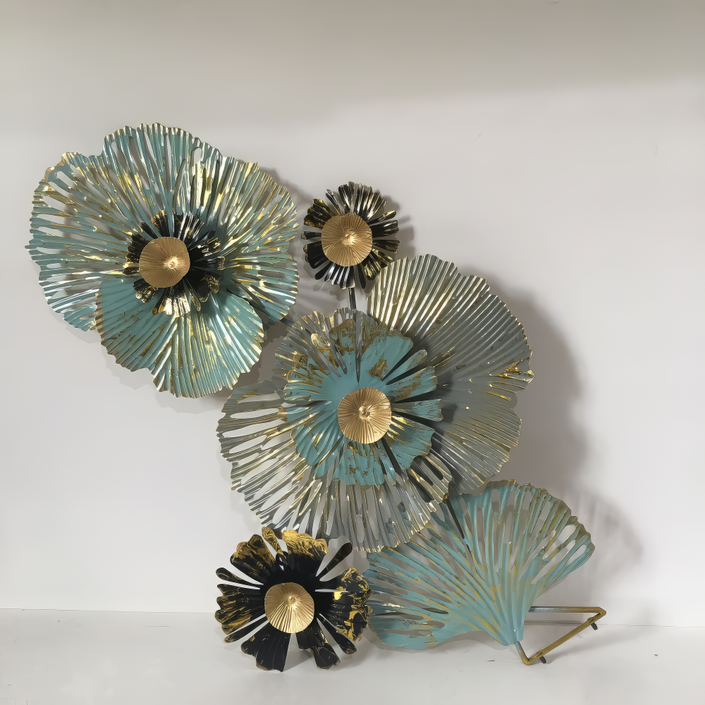 Decoratiune Metalica de Perete LuxCanva® FloraHarmony A0662, din Metal, Orizontala, Auriu, Alb, Negru, Verde, Dimensiune Mare 159 × 74 x 11 cm