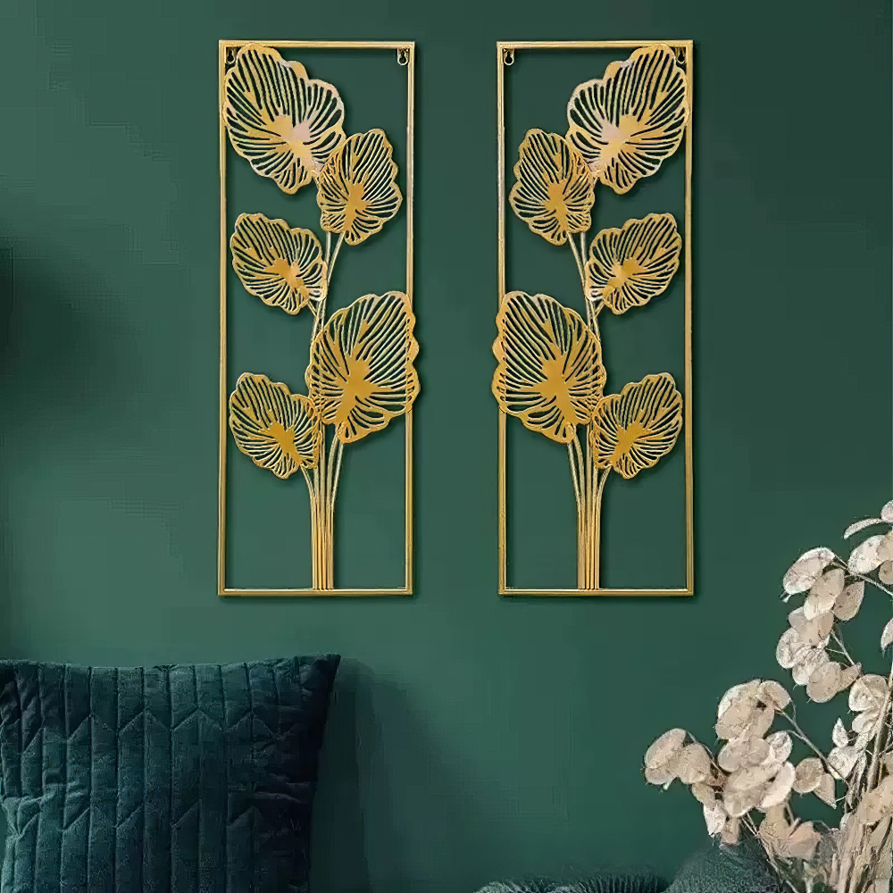 Set 2 Decoratiuni Metalice de Perete LuxCanva® Eden Leaf Frame A2002, din Metal, Verticale, Auriu, Dimensiune Mare 31 × 85 x 3.5 cm