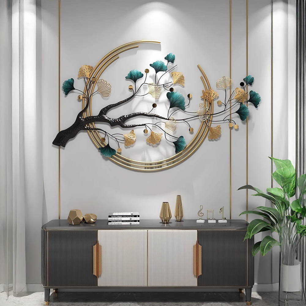 Decoratiune Metalica de Perete LuxCanva® Aurora Branch A0899, din Metal, Orizontala, Auriu, Verde, Negru, Dimensiune Mare 60 × 110 cm