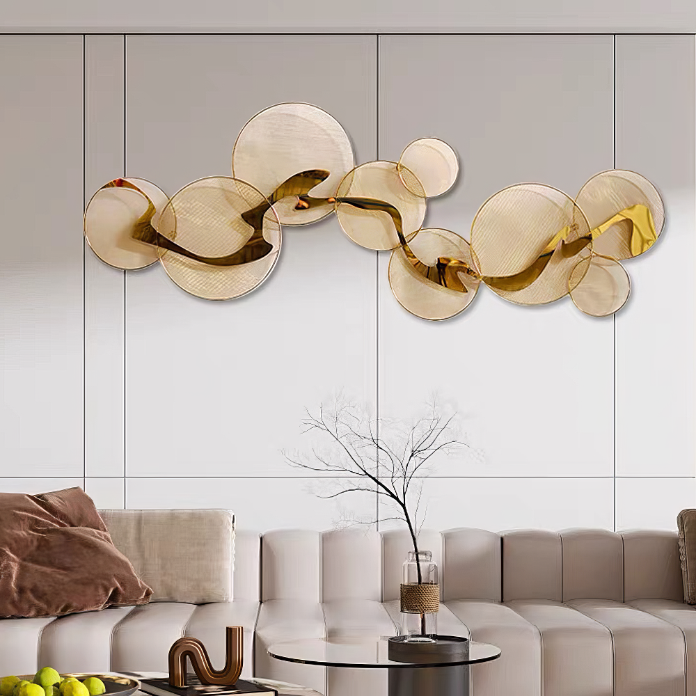 Decoratiune Metalica de Perete LuxCanva® Golden Flow A2525, din Metal, Orizontala, Auriu, Dimensiune Mare 180 x 68 cm