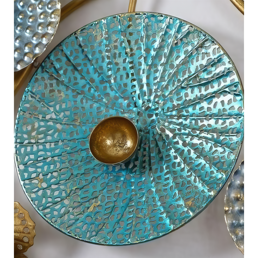 Decoratiune Metalica de Perete LuxCanva® Azure Symphony A2137, din Metal, Orizontala, Albastru, Auriu, Dimensiune Mare 120 x 47 cm