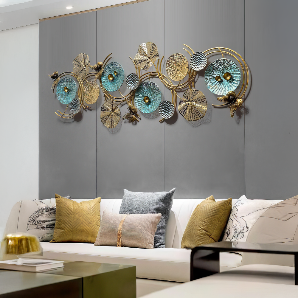 Decoratiune Metalica de Perete LuxCanva® Azure Symphony A2137, din Metal, Orizontala, Albastru, Auriu, Dimensiune Mare 120 x 47 cm