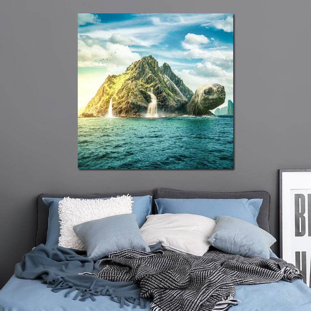 tablou canvas cu o insula sub forma unei testoase, langa un ocean sub cer senin cu un stol de pasari in zbor