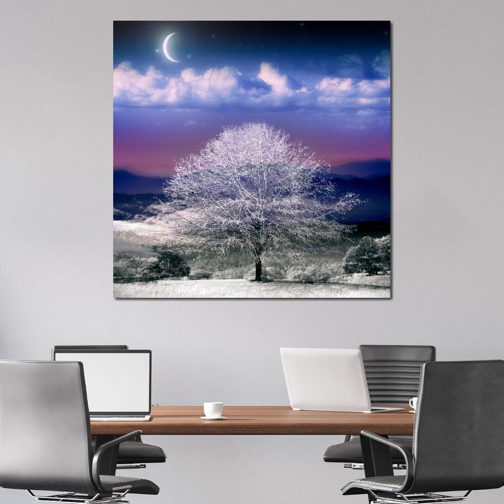 Tablou Canvas Premium LuxCanva® D1029, Scena de Iarna Fantasmica , Semiluna, Nori, Copac, Ramuri, Inghet, Living Room, Culori vibrante