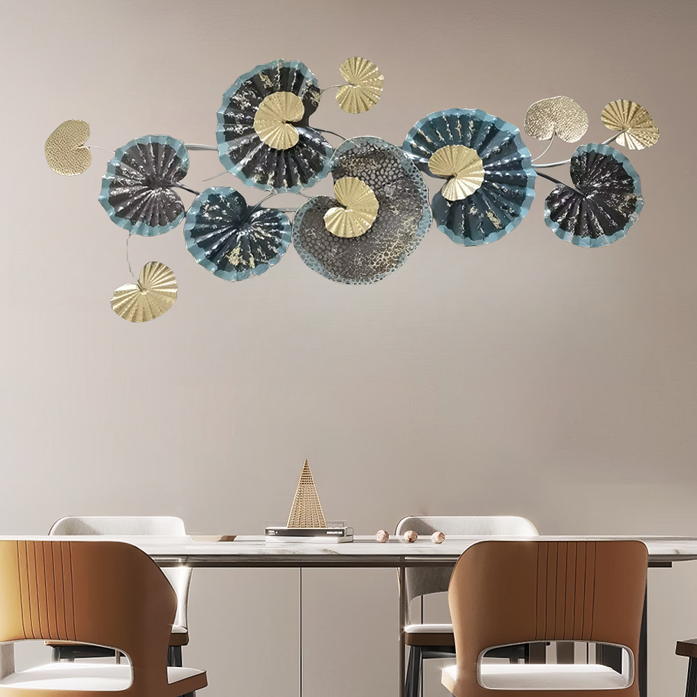 Decoratiune Metalica de Perete LuxCanva® Ocean Flowers A2412, din Metal, Albastru, Orizontala, Auriu, Argintiu, Dimensiune Mare 140 x 60 cm