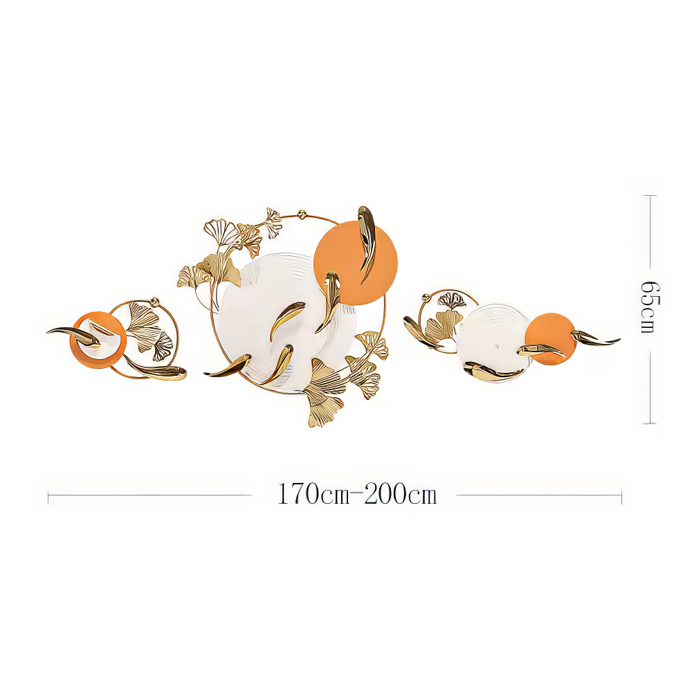 Decoratiune Metalica de Perete LuxCanva® Sun Aura A2556, din Metal, Orizontala, Alb, Auriu si Portocaliu, Dimensiune Mare 200 x 65 cm