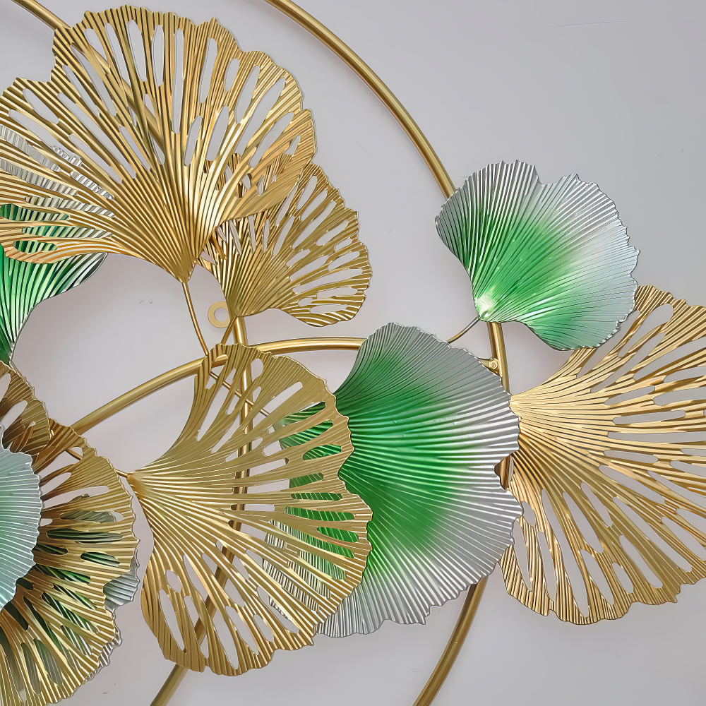 Decoratiune Metalica de Perete LuxCanva® Golden Bloom A0821, din Metal, Orizontala, Auriu, Verde, Gri, Dimensiune Mare 120 x 75 cm