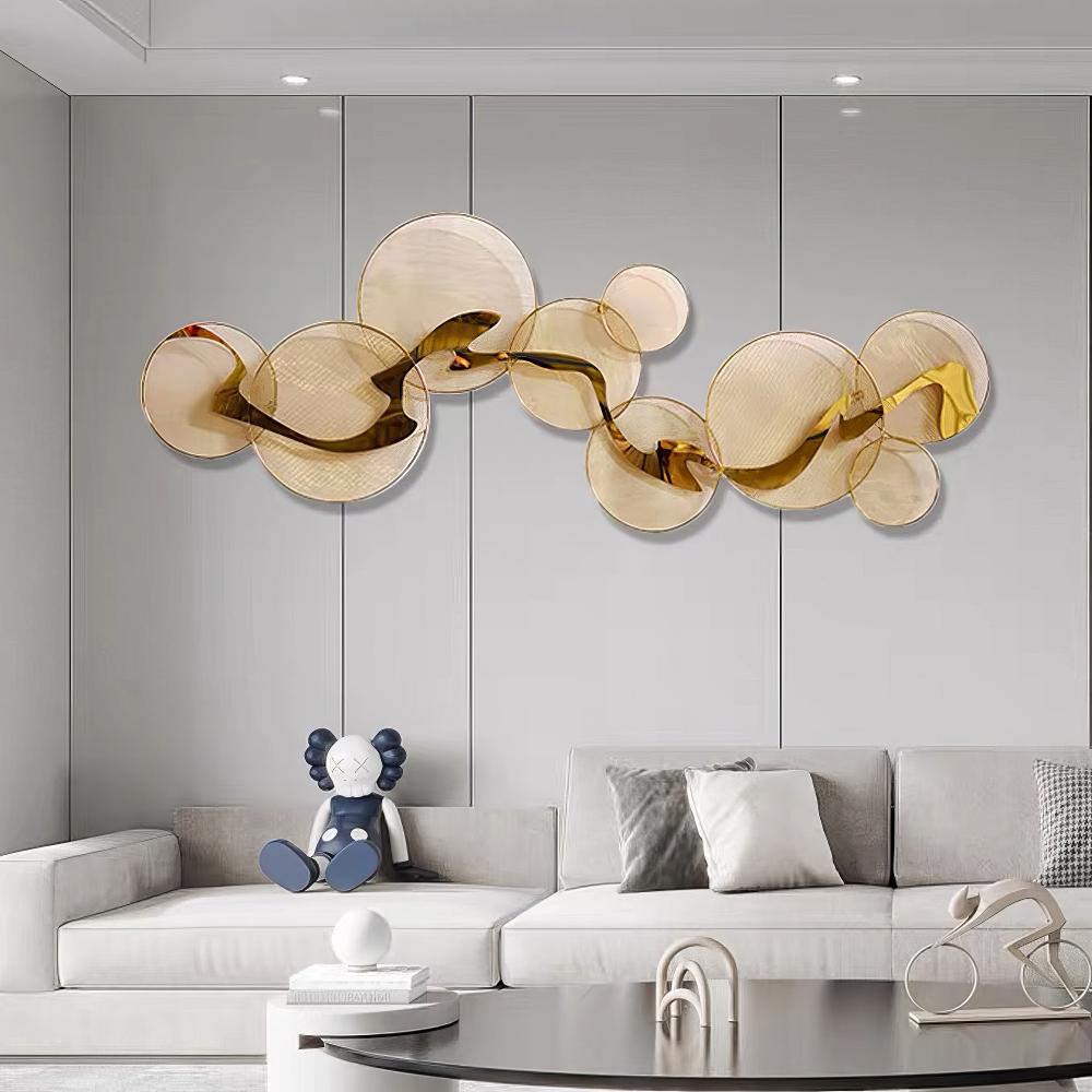 Decoratiune Metalica de Perete LuxCanva® Golden Flow A2525, din Metal, Orizontala, Auriu, Dimensiune Mare 180 x 68 cm