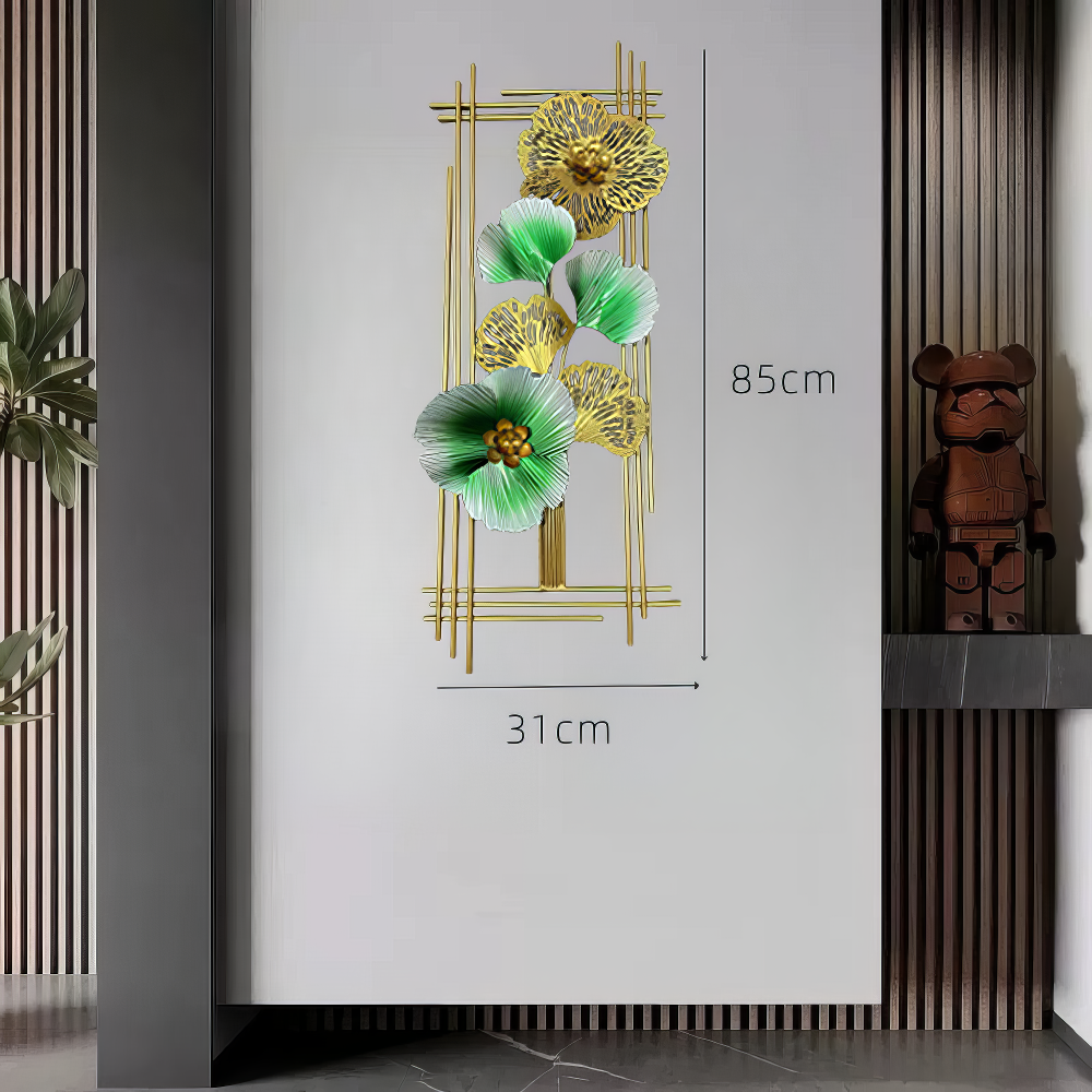 Decoratiune Metalica de Perete LuxCanva® Emerald Bloom A2001, din Metal, Verticala, Auriu, Verde, Dimensiune Mare 85 × 31 cm