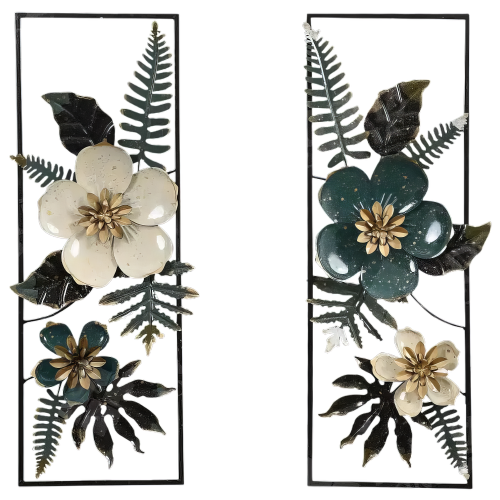 Set 2 Decoratiuni Metalice de Perete LuxCanva® Elisian Garden A2095, din Metal, Verticale, Verde, Alb, Auriu, Dimensiune Mare 31 × 89 cm