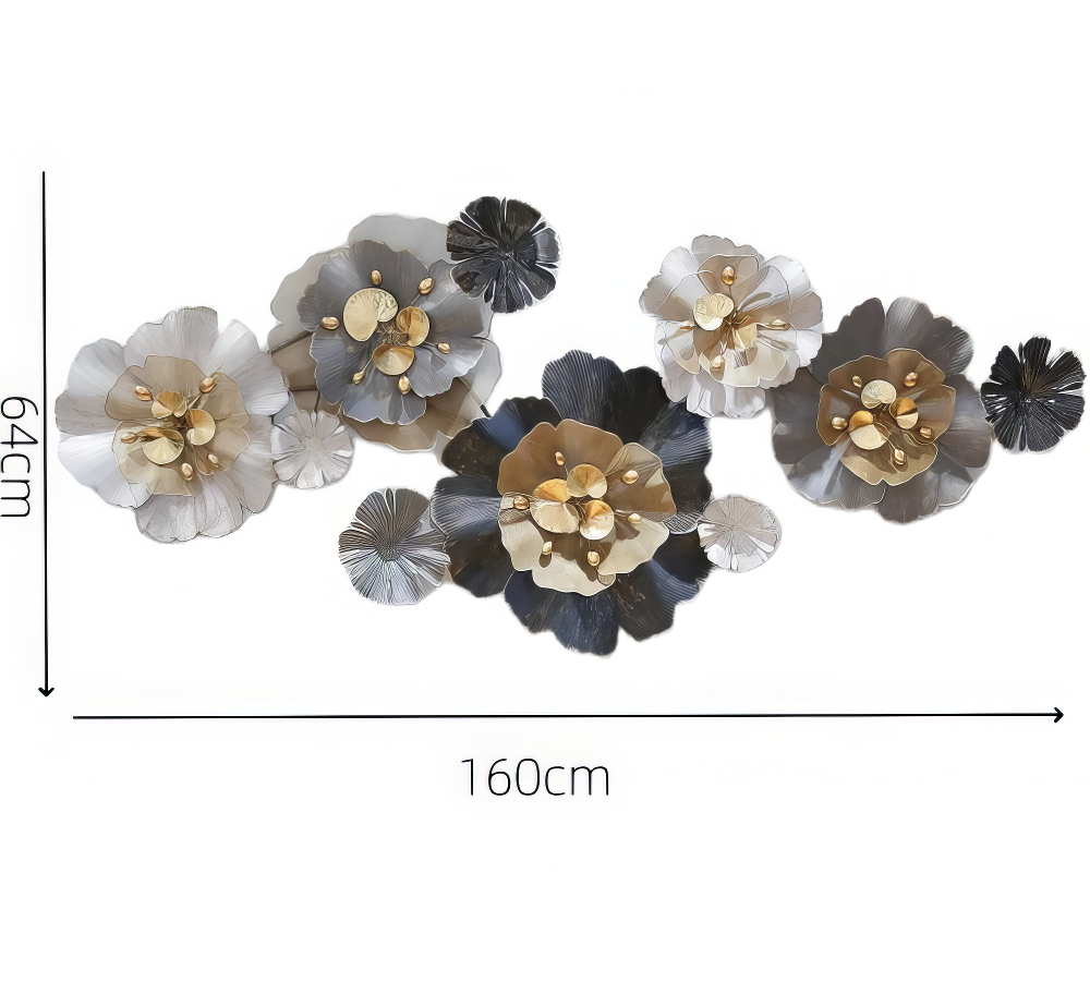 Decoratiune Metalica de Perete LuxCanva® CrystalBloom A2025M Negru, din Metal, Orizontala, Auriu, Alb, Gri, Negru, Dimensiune Mare 160 x 64 cm