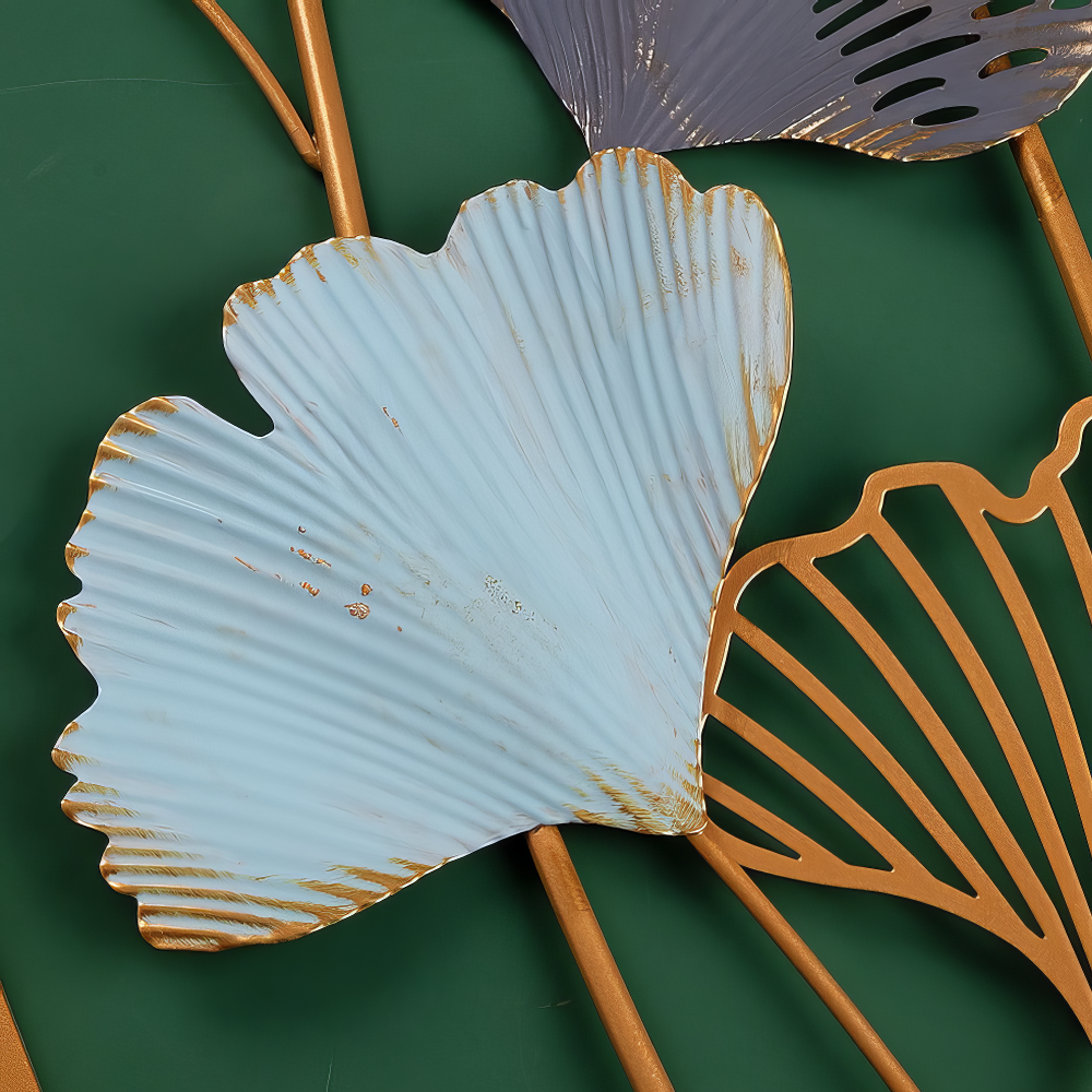 Decoratiune Metalica de Perete LuxCanva® Blue Petal Contour A2926R, din Metal, Verticala, Auriu, Bleu, Gri Petrol, Dimensiune Mare 30 × 85 × 2 cm