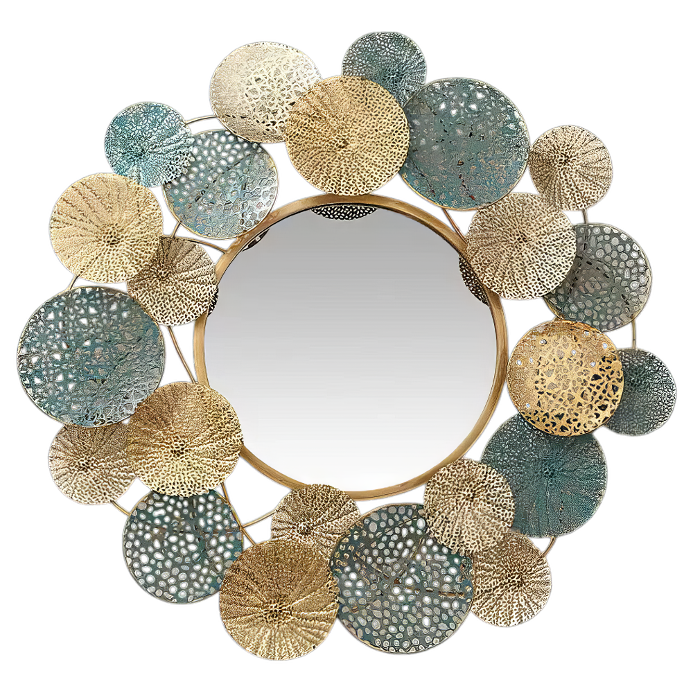 Decoratiune Metalica de Perete LuxCanva® OpalCircles A0921, din Metal, Rotunda, Auriu, Verde, Dimensiune Mare 84 × 73 x 3 cm