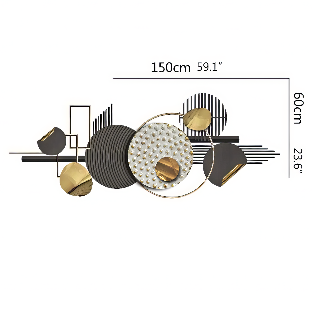 Decoratiune Metalica de Perete LuxCanva® Silent Geometry A2452, din Metal, Negru, Gold, Alb, Gri, Auriu, Dimensiune Mare 150 x 60 cm