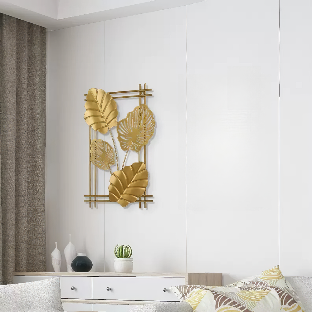 Decoratiune Metalica de Perete LuxCanva® 4Leafs Frame A2931, din Metal, Verticala, Auriu, Dimensiune Mare 30 × 45 × 2 cm