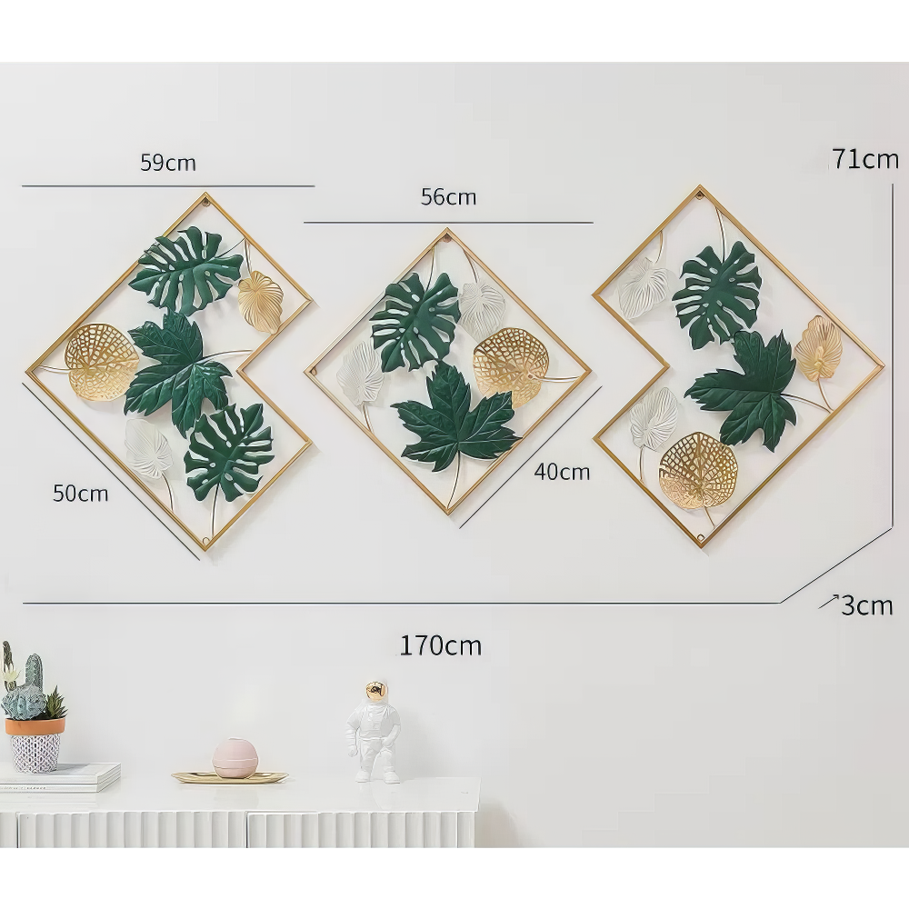 Set 3 Decoratiuni Metalice de Perete LuxCanva® GreenEssence A2307, din Metal, Orizontala, Auriu, Verde, Dimensiune Totala 170 x 71 x 3 cm