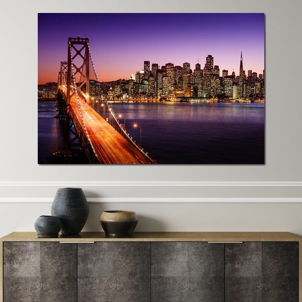 Tablou Canvas Premium, LuxCanva® O1002, San Francisco Skyline, Pod, Noapte, Oras, Lumini, Coasta, Vest, California, Vis, Urban, Apus, Violet, Iconic, Vacanta, Calatorie, Birou, Living, Dormitor
