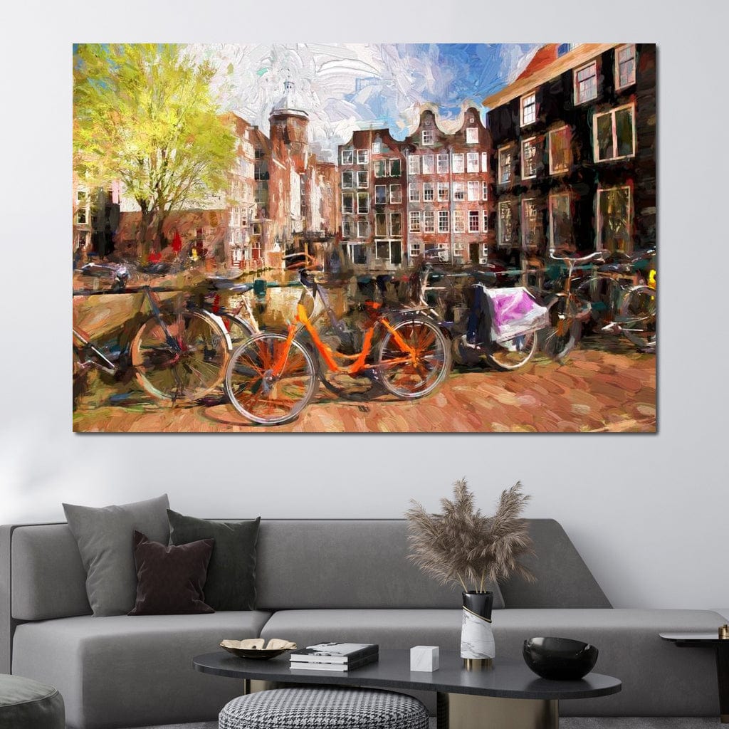 Tablou Canvas Premium, LuxCanva® O1012, Boemul Amsterdam, Bicicleta, Simfonie, Culori, Olandez, Canal, Mal, Roti, Farmec, Olanda, Traditie, Turist, Citadin, City, Break, Birou, Living, Dormitor