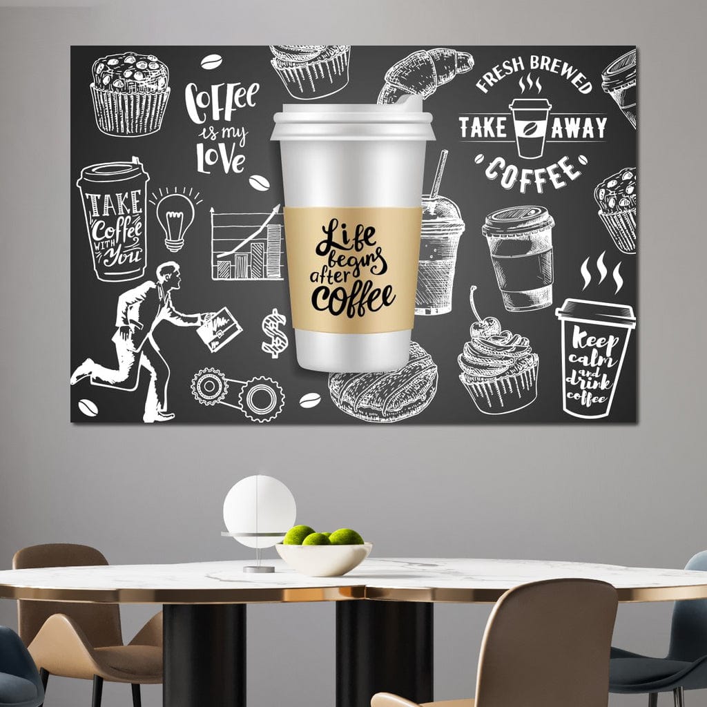 tablou canvas cu o cafea intr-un ambalaj "to-go" pe fundal negru cu diverse desene marcate cu alb