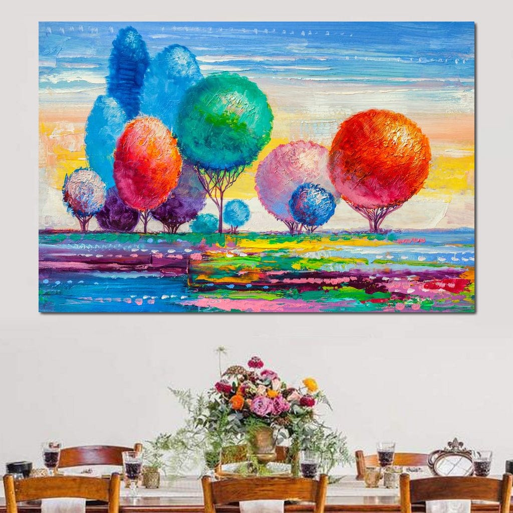 Tablou Canvas Premium, LuxCanva® K1018, Peisaj de Basm, Curcubeu, Padure, Copaci, Rotunzi, Balon, Natura, Explozie, Culoare, Taram, Simfonie, Imaginar, Ludic, Camera Copii