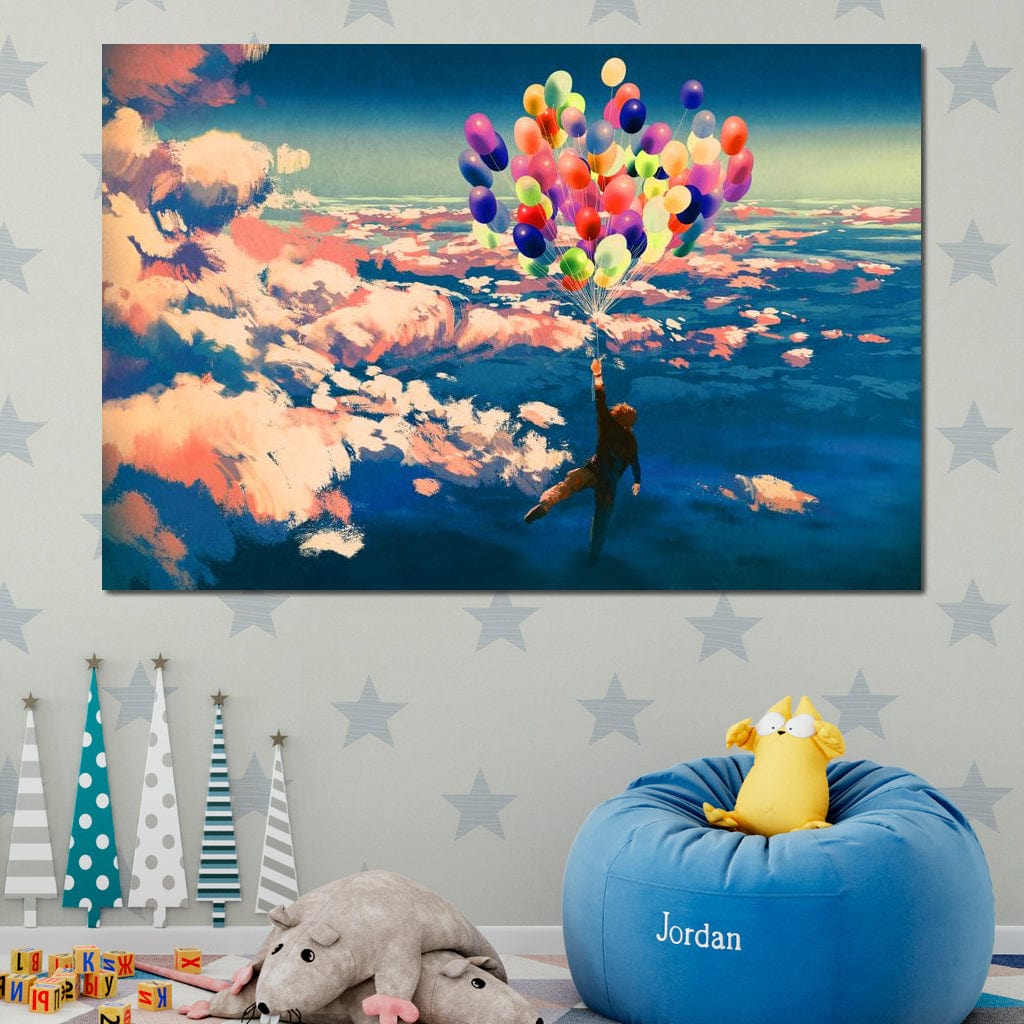 Tablou Canvas Premium, LuxCanva® K1021, Purtat de Curcubeu, Zbor, Nori, Inaltare, Culori, Baloane, Zburatoare, Magic, Fericire, Curaj, Aventura, Dorinte, Armonie, Fericire, Camera Copii