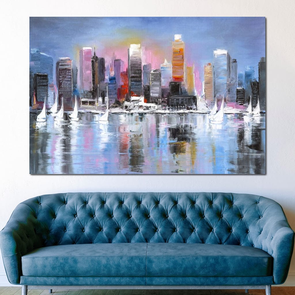 Tablou Canvas Premium, LuxCanva® O1024, Zborul Corabiilor, Pastelat, Senin, Liric, Fluid, Apus, Apa, Vele, Albastru, Roz, Inflacarat, Oglindire, Pictura, Tacere, Urban, Sticlos, Birou, Living, Dormitor