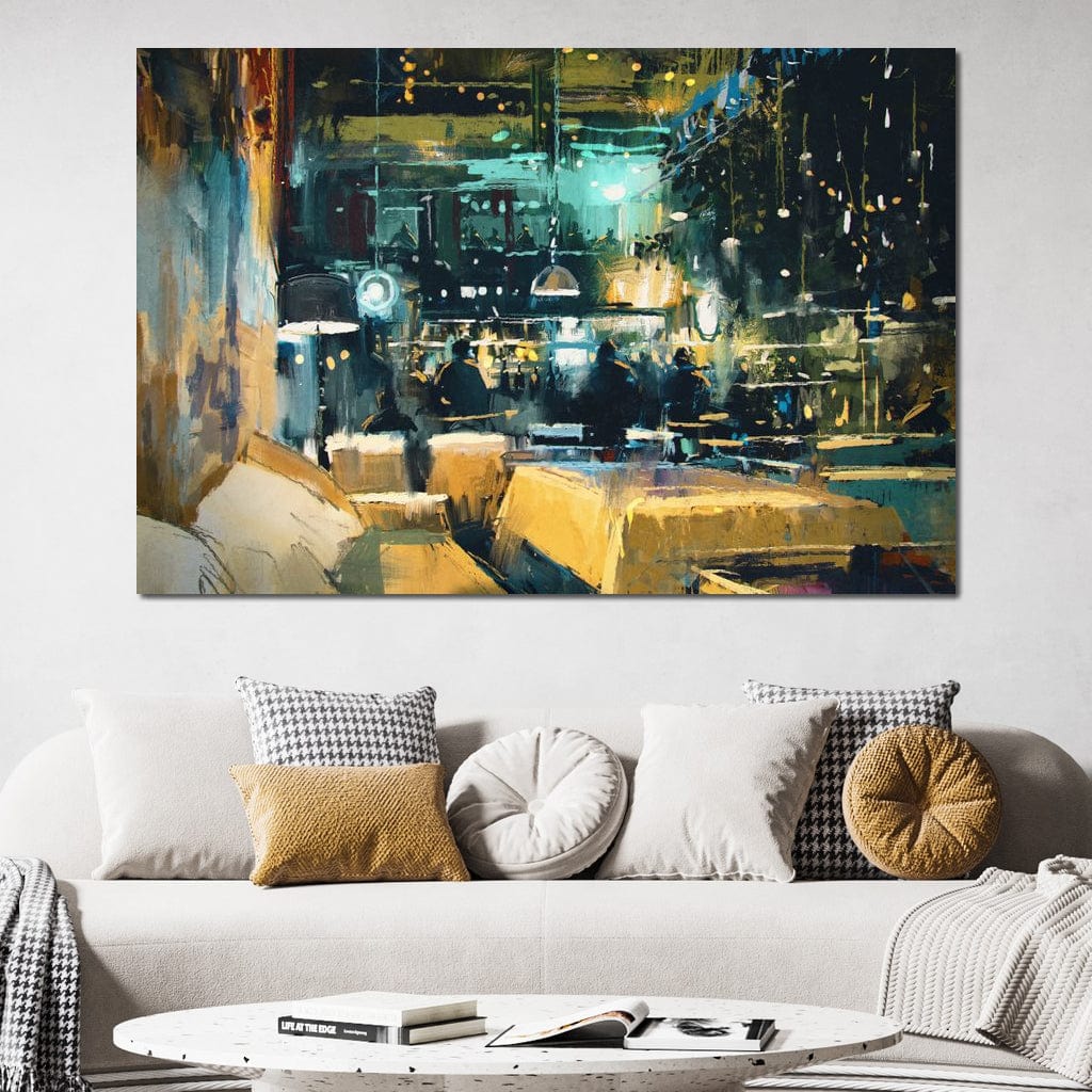 tablou canvas cu interiorul unui restaurant luminat spectaculos pe timp de noapte, pictat in nuante calde si reci