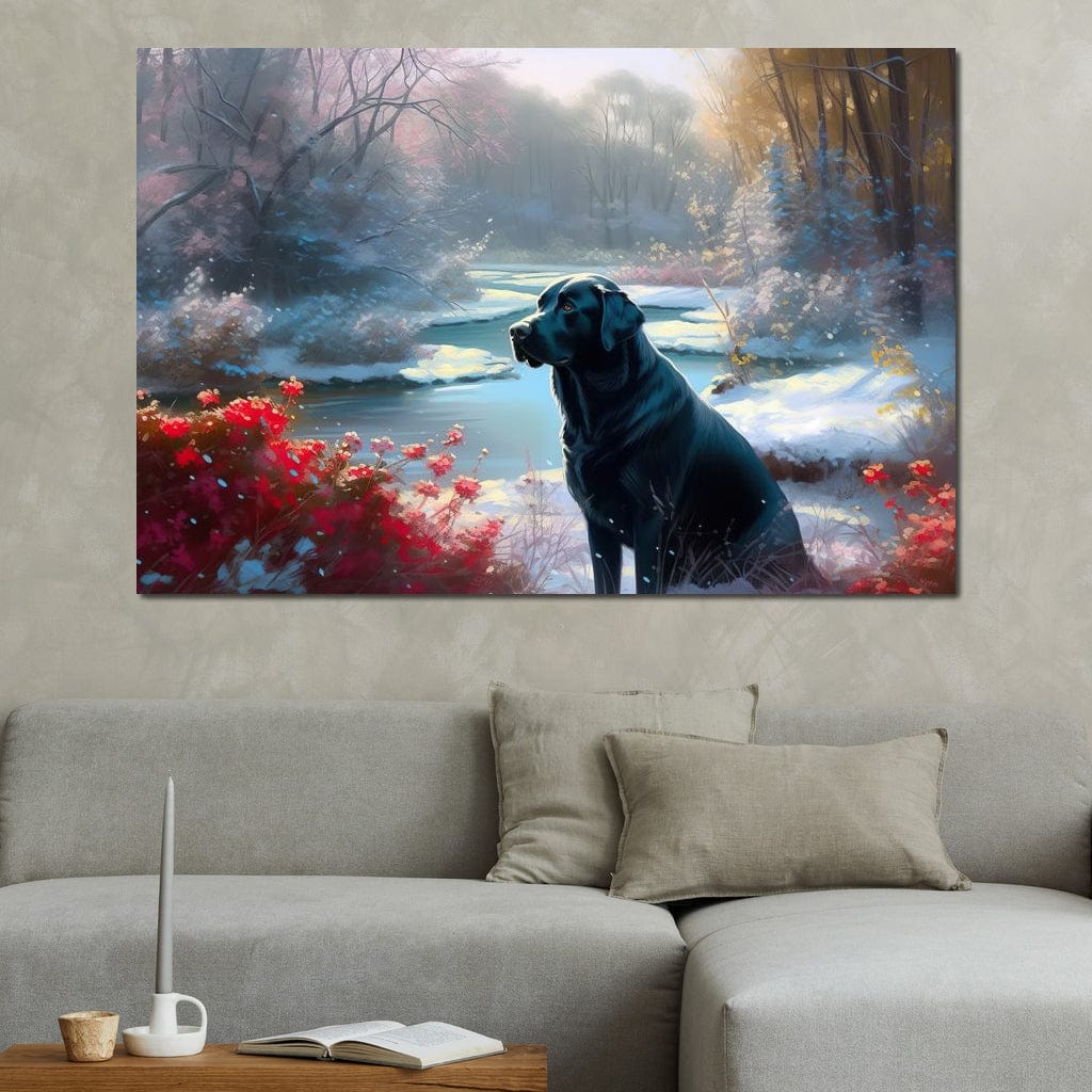 tablou canvas cu un labrador negru intr-un peisaj de iarna feeric si luminat, cu accente florale rosii langa un lac inghetat
