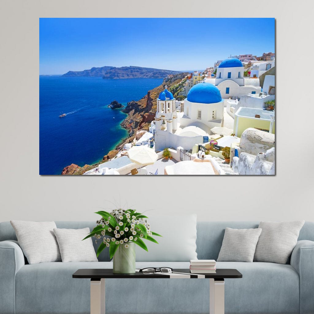 Tablou Canvas Premium, LuxCanva® O1033, Eternul Santorini, Egee, Nesfarsit, Albastru, Insula, Mare, Cer, Valuri, Vacanta, Turist, Relaxare, Dorinta, Familie, Libertate, Serenitate, Birou, Living, Dormitor